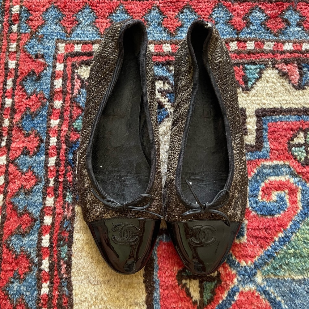 Chanel Black and Brown Tweed Ballet Flats Women’s 38 1/2 8.5 9